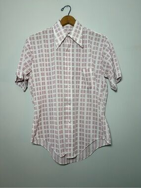 1970s Vintage Burgundy Geometric Print Semi-Sheer Disco Shirt 15 1/2 Approx Sz M